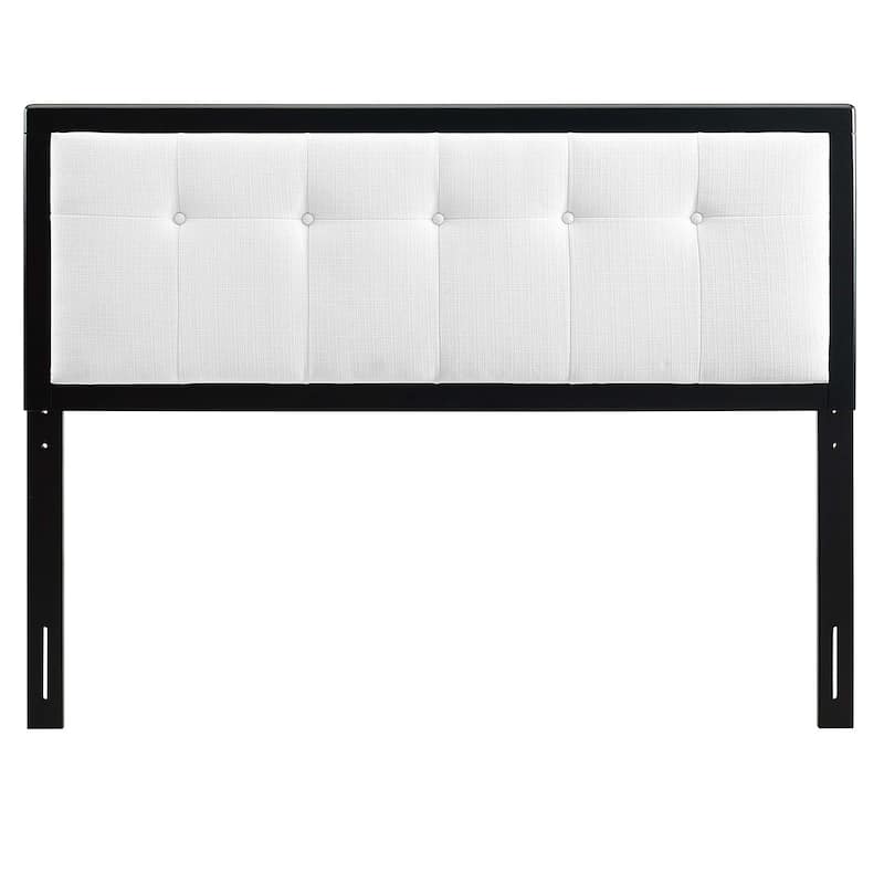 Marlin Traditional White Fabric Button Tufted Queen Size Black Wooden Headboard