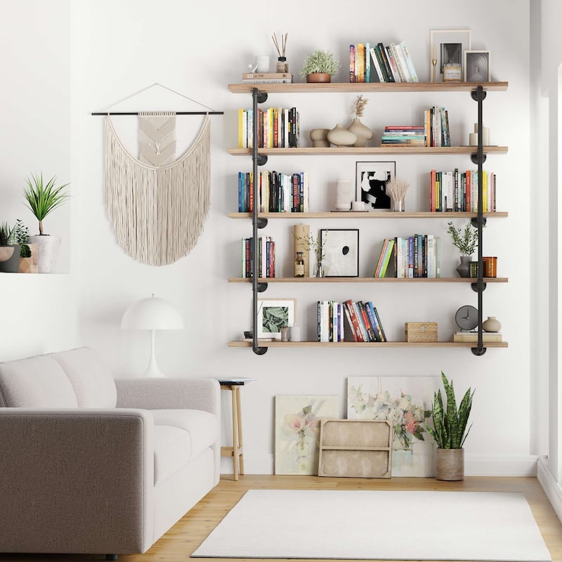 Wallniture 60 inch Industrial Floating Shelves for Wall, Wooden Book Shelves, Wall Mounted Pipe Shelf, 5-Tier