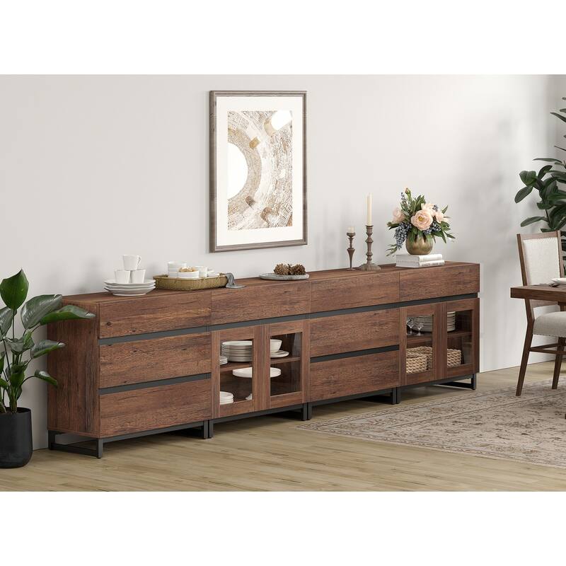 4-in-1 Multifunctional Sideboard Buffet with 8 Drawers & Glass Doors, Modern Credenza with Adjustable Shelf & Metal Base. - 126 inches - Brown
