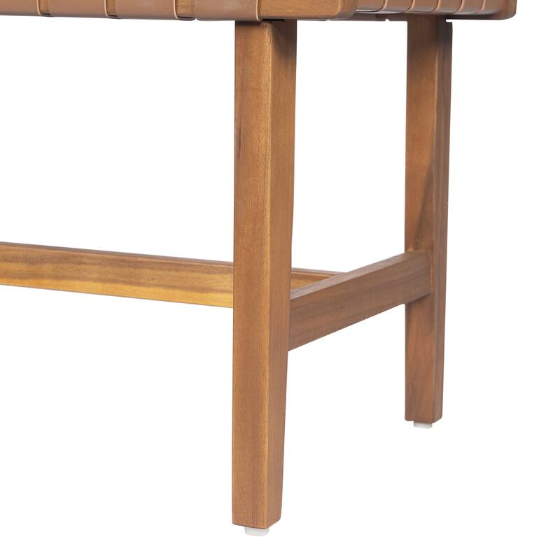 Roomfitters Acacia Wood Bedroom Bench with Woven PU Leather Seat, Teak Finish