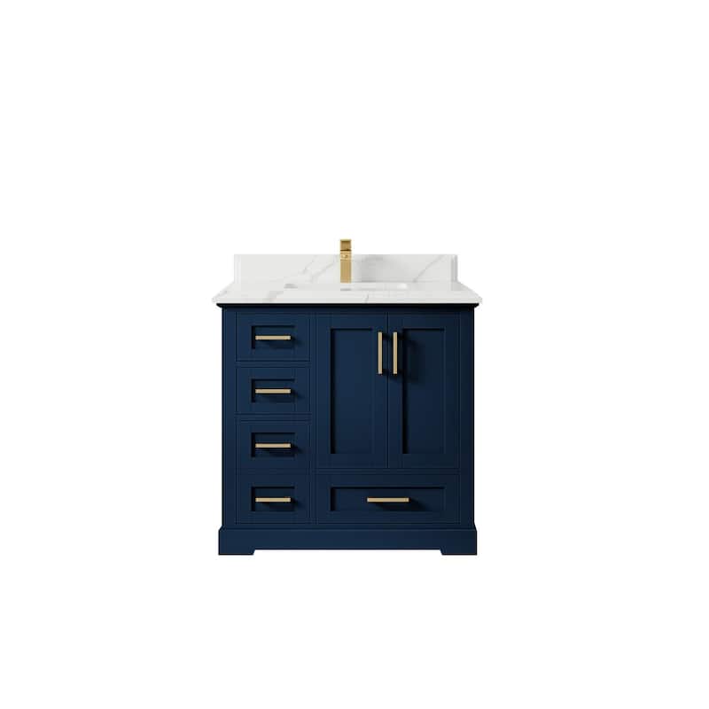 Willow Collections 36 x 22 Boston Center Sink Right Bathroom Vanity with Countertop - 1.5"Calacatta - Navy Blue