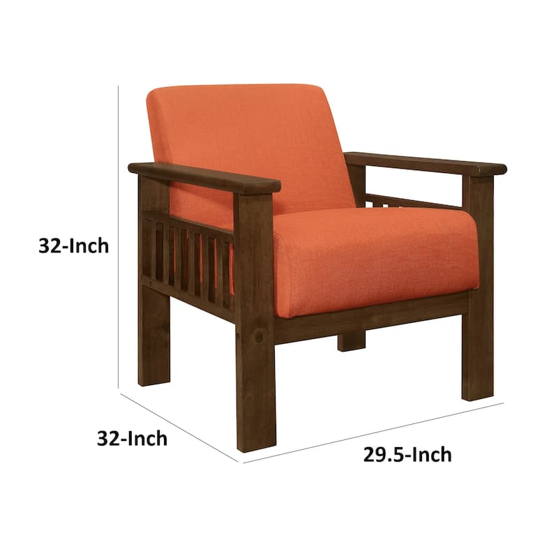 Bella 32 Inch Accent Chair Armchair, Storage Arms, Orange, Solid Rubberwood