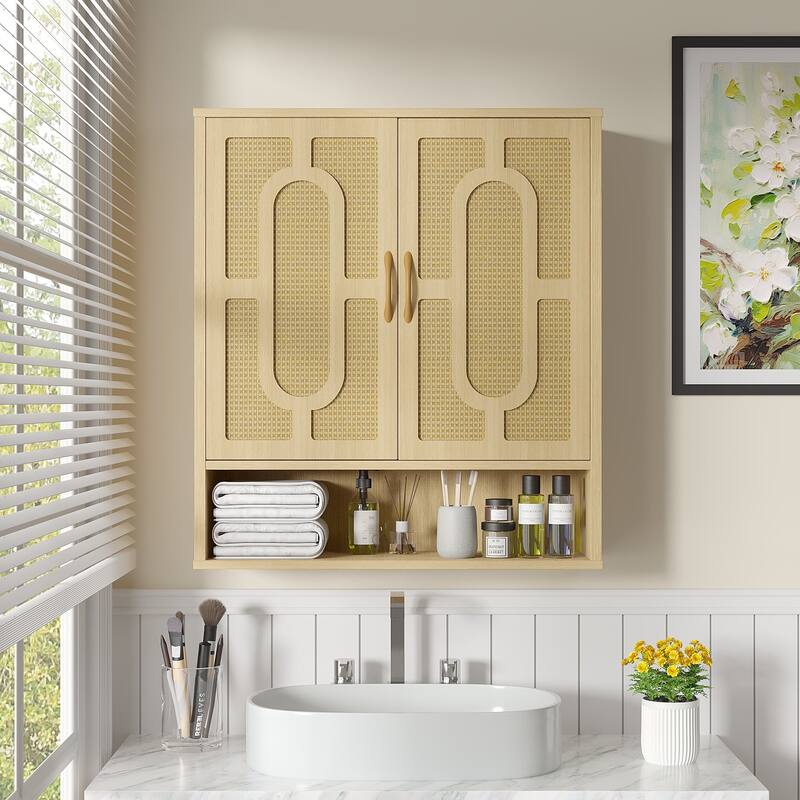 VECELO Oak Finish Wall Mounted Bathroom Cabinet Double Door Woven Rattan Medicine Cabinet with Adjustable Shelves & Open Storage