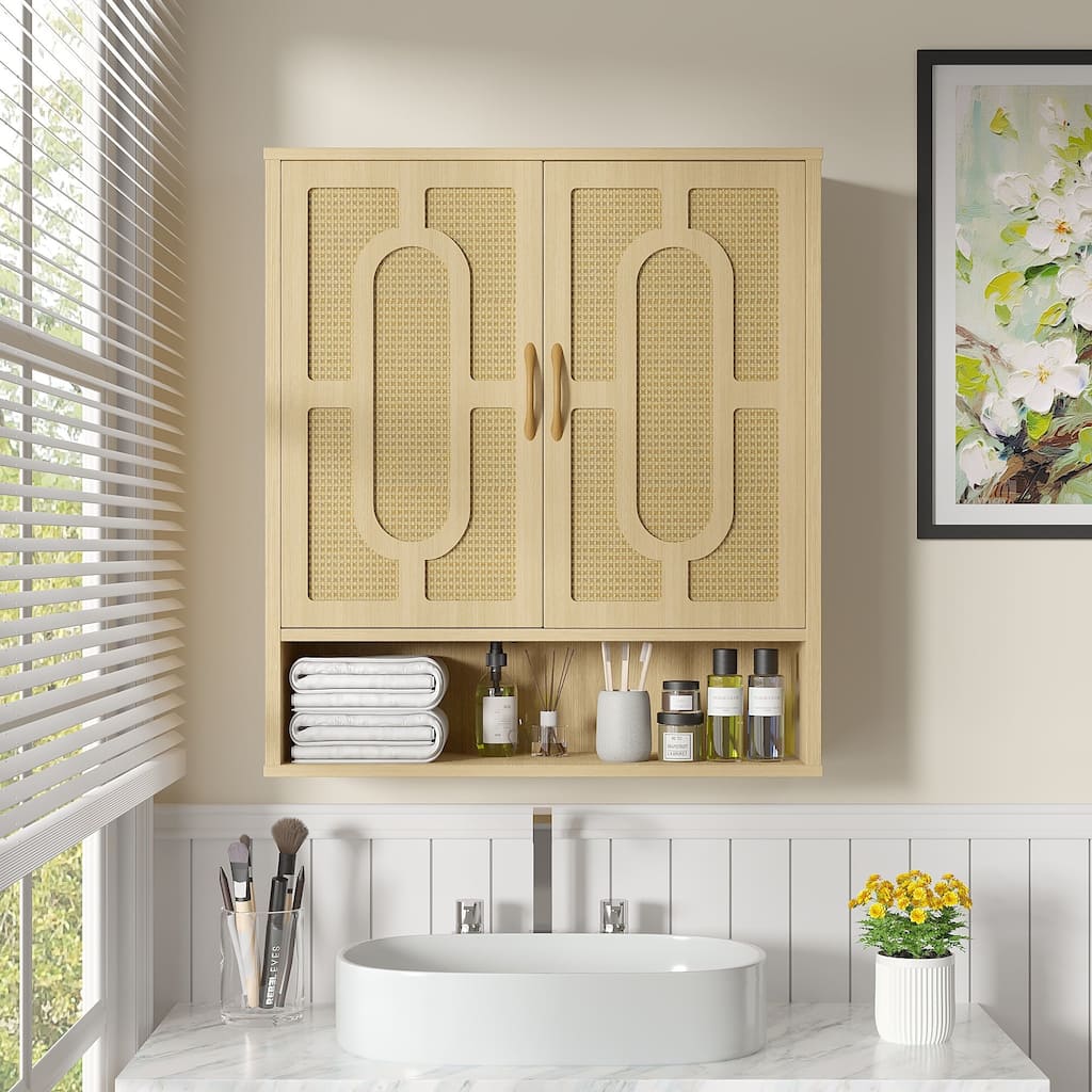 VECELO Oak Finish Wall Mounted Bathroom Cabinet Double Door Woven Rattan Medicine Cabinet with Adjustable Shelves & Open Storage