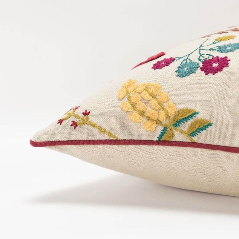 Yellow Floral Embroidered Decorative Pillow