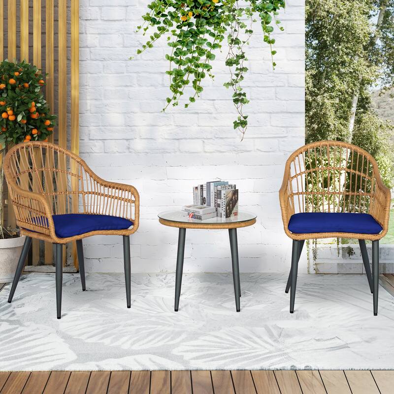 3 Pieces Bistro Set Outdoor Conversation Sets with Glass Top Table and Cushions for Porch,Backyard, Balcony,Poolside