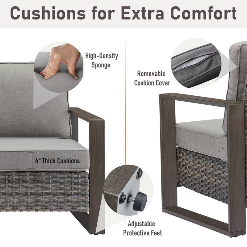 Gymojoy PE Wicker Sofa Loveseat Seating Sofa with Ottoman - Grey
