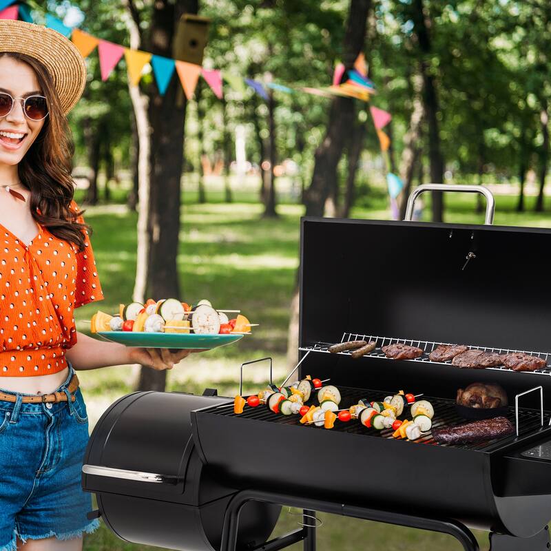 Royal Gourmet 30-Inch Barrel Charcoal Grill with Offset Smoker, 811 Square Inches, Patio and Parties, Black