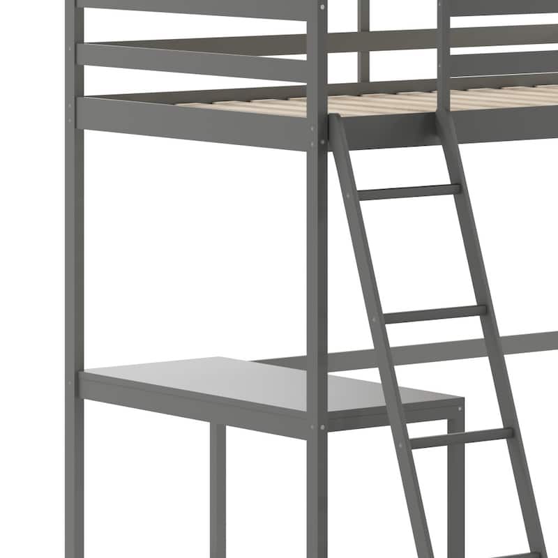 Traditional Wood Slat Loft Bed with Integrated Desk & Ladder