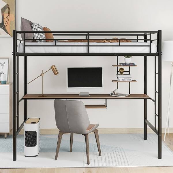slide 2 of 12, Twin Loft Bed with Desk and Shelves, Metal Frame Black
