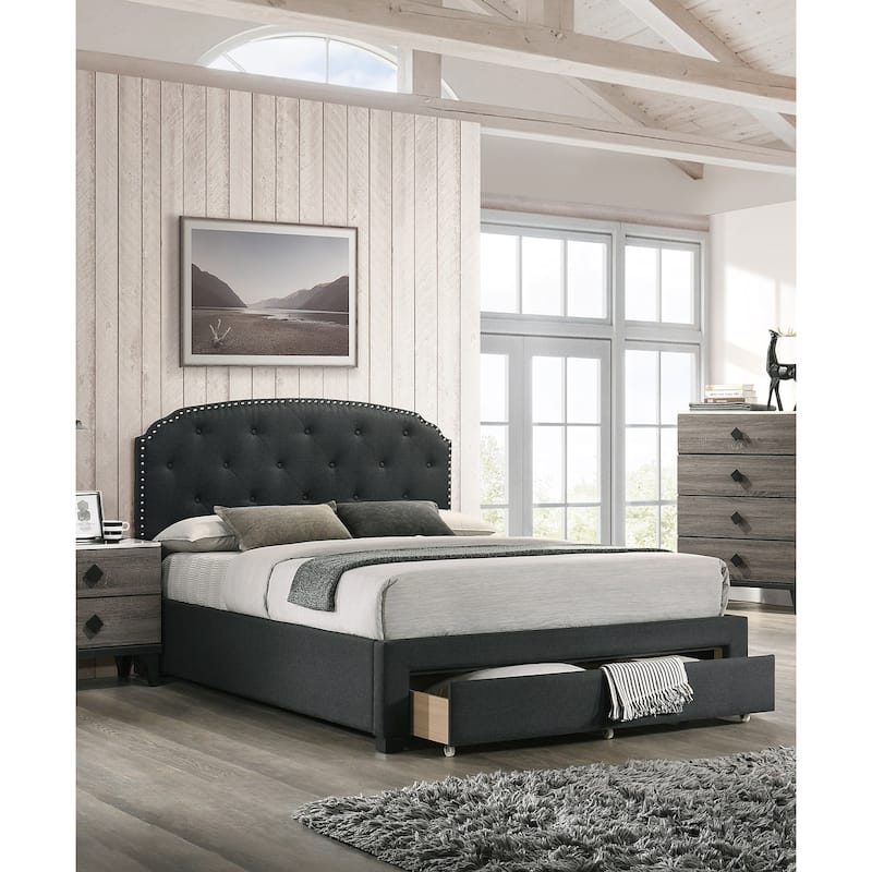 Charcoal Burlap Fabric 1pc Twin Size Bed w Drawer Button Tufted Headboard Storage Bedframe Bedroom Furniture