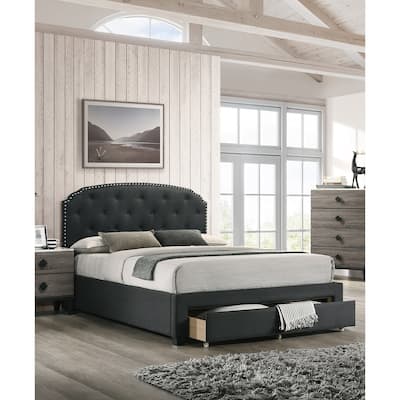 Charcoal Burlap Fabric 1pc Twin Size Bed w Drawer Button Tufted Headboard Storage Bedframe Bedroom Furniture