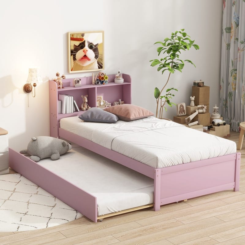 Twin Size Platform Bed with Trundle and Bookcase