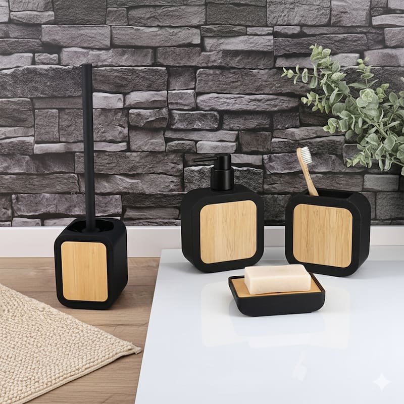 4-Piece Bathroom Accessory Set Rubber and Wood - 4 L x 3.9 W x 15.2 H - Black/Bamboo