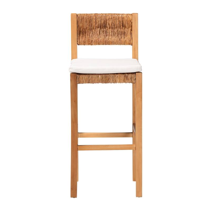 Pava Woven Seagrass Bar Stool - Solid Mahogany Wood Stool with Textured Back, Coastal Boho Seating for Kitchen or Lounge