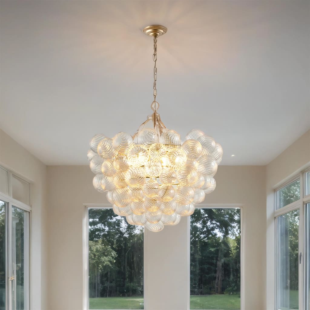 27.5" Gold Pendant Chandelier with Glass Globe, Adjustable Height