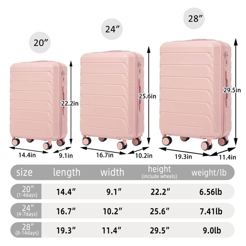 20"/24"/28" 3-Piece, Modern Luggage Sets with Retractable Handle and Combination Lock, for Boarding Travel, Pink
