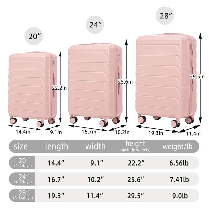 20"/24"/28" 3 Piece PC Hardside Carry On Luggage Sets w/Spinner Wheels