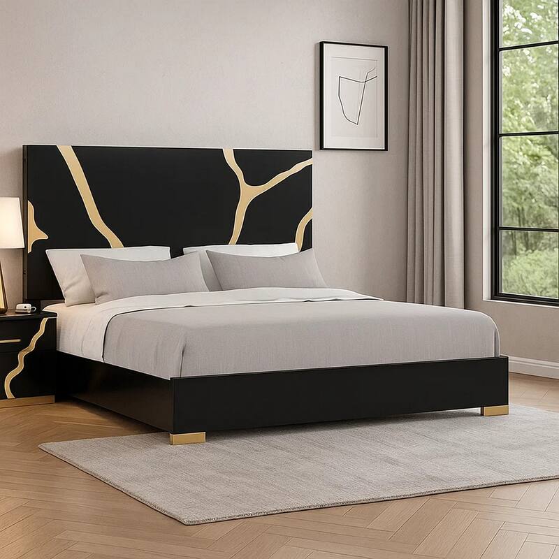 Goldie Queen Size Bed, Gold and Black Contemporary Bed, Solid Wood