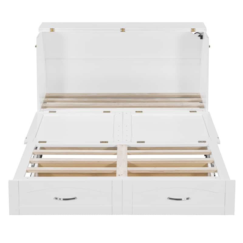 Queen Size Murphy Bed Wall Bed with drawer and a set of Sockets & USB Ports, Pulley Structure Design, White