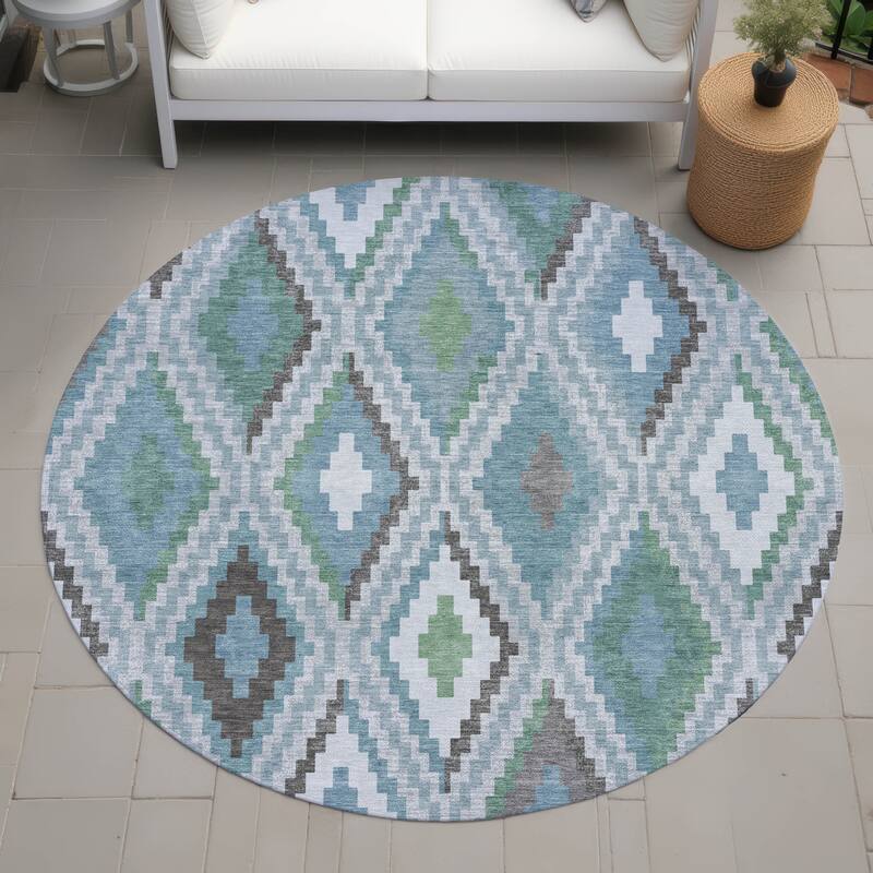 Machine Washable Indoor/ Outdoor Global Geo Chantille Rug - Teal - 8' x 8'
