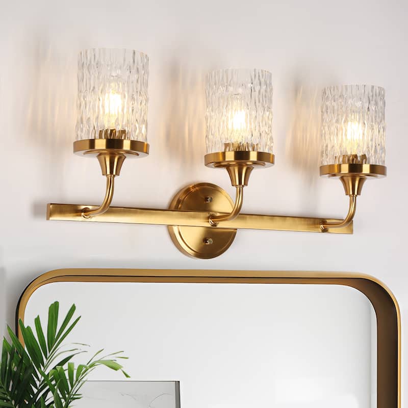 Modern 3-Light Gold Bathroom Vanity Light Art Deco Glass Wall Sconces - Brass Gold - 22.8"Wx11.8"H