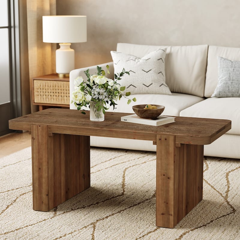 Solid Wood Farmhouse Coffee Table for Living Room - Brown