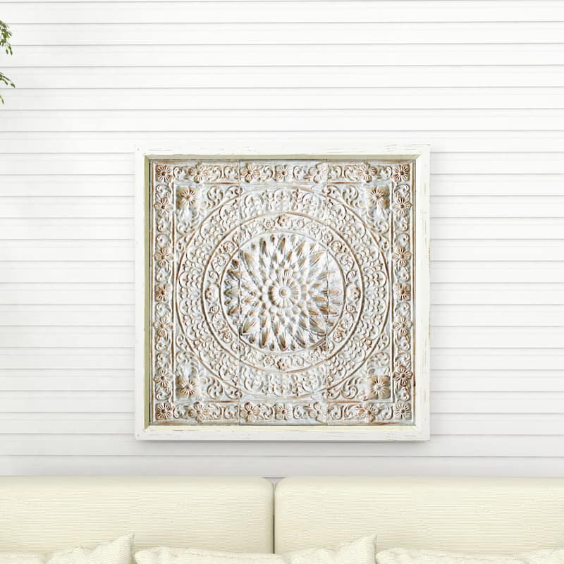 Metal Floral Embossed Mandala Scroll Home Wall Decor with White Wood Frame - Blue or Brown - Roche River Decor