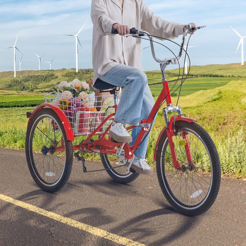 24" Adult Folding Tricycle, Carbon Steel 3-Wheel Bike for Seniors & Women - 68.5 x 29.9 x 44.9 in
