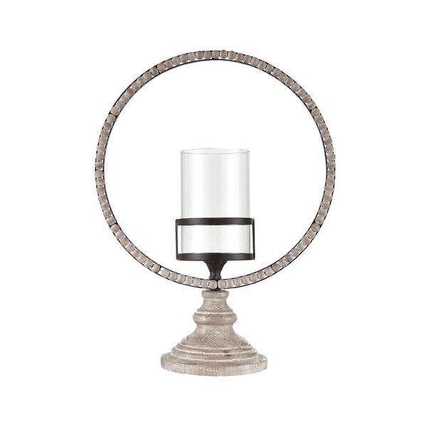 21" Bronze and White Beaded Wood Large Pillar Candle Holder - N/A