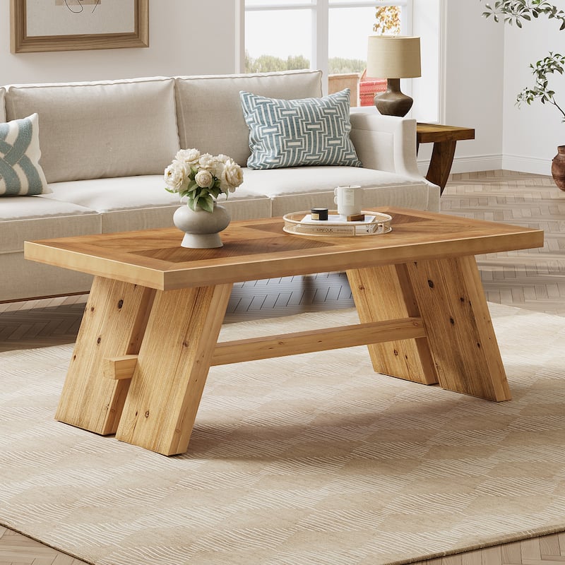 47" Solid Wood Farmhouse Coffee Table with Geometric Wood Grain - Brown