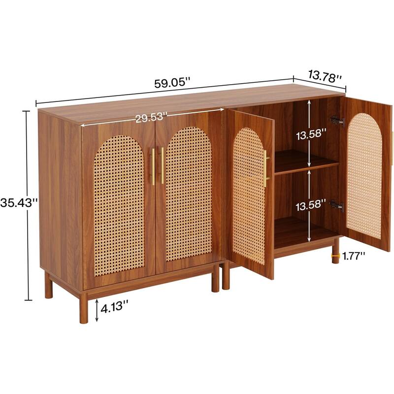 Modern Rattan Sideboard Buffet Cabinet with Storage, 4 Door Credenza for Dining Room Living Room Coffee Bar