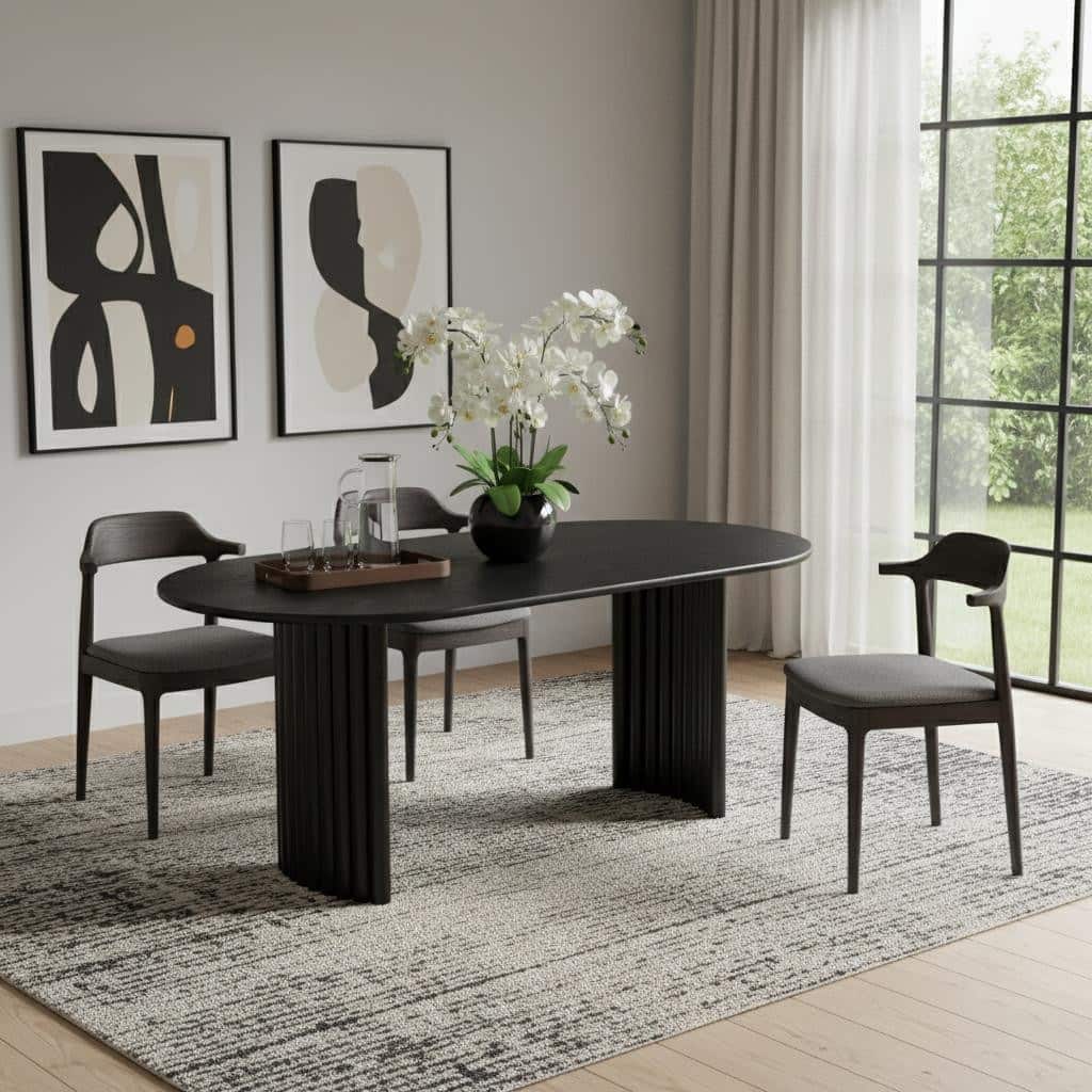 HomeRoots 79" Black Solid Wood Double Pedestal Base Oval Dining Table - 79.00 in. x 30.00 in. x 33.50 in.