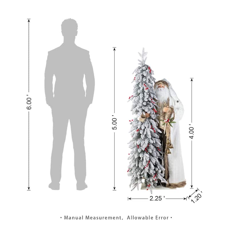 Glitzhome 4ft Oversized Christmas Woodland Santa with 5ft Pre-Lit Flocked Artificial Christmas