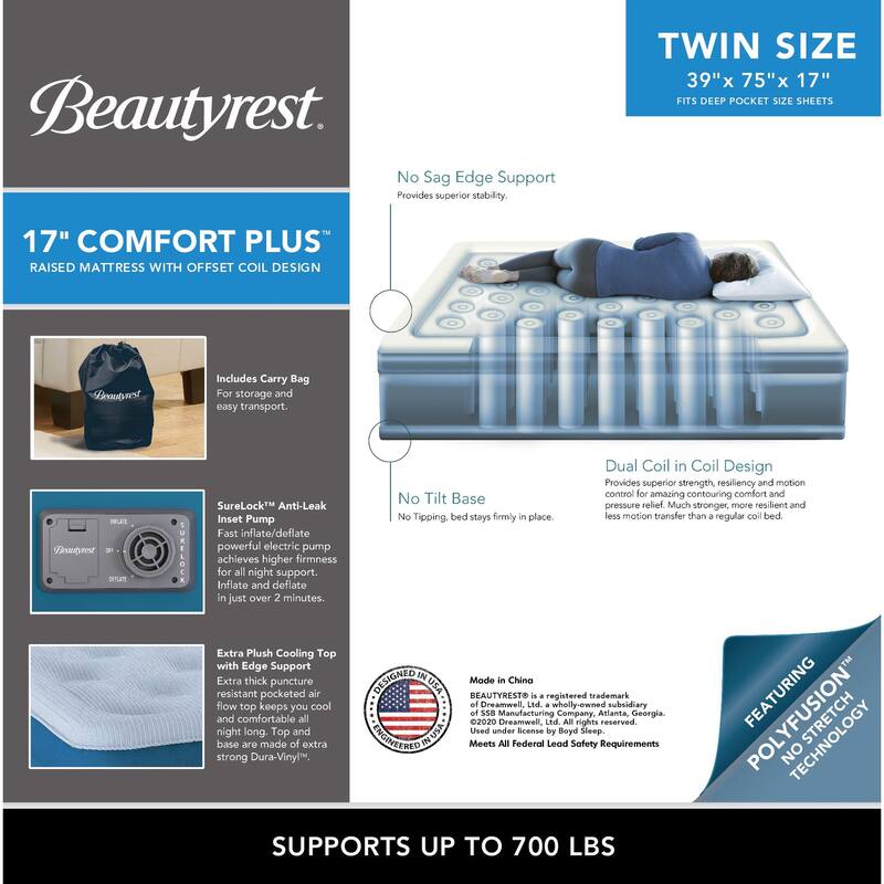 Beautyrest Comfort Plus Air Mattress with Built-in Pump - Inflatable Guest Bed with Plush Cooling Top