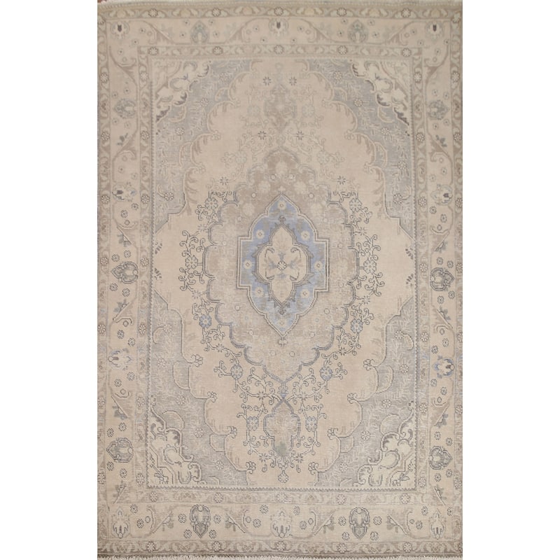 Hand Knotted Oriental 100% Wool Carpet Traditional Medallion Beige & Ivories Tabriz Area Rug - 8' 11'' X 6' 2''