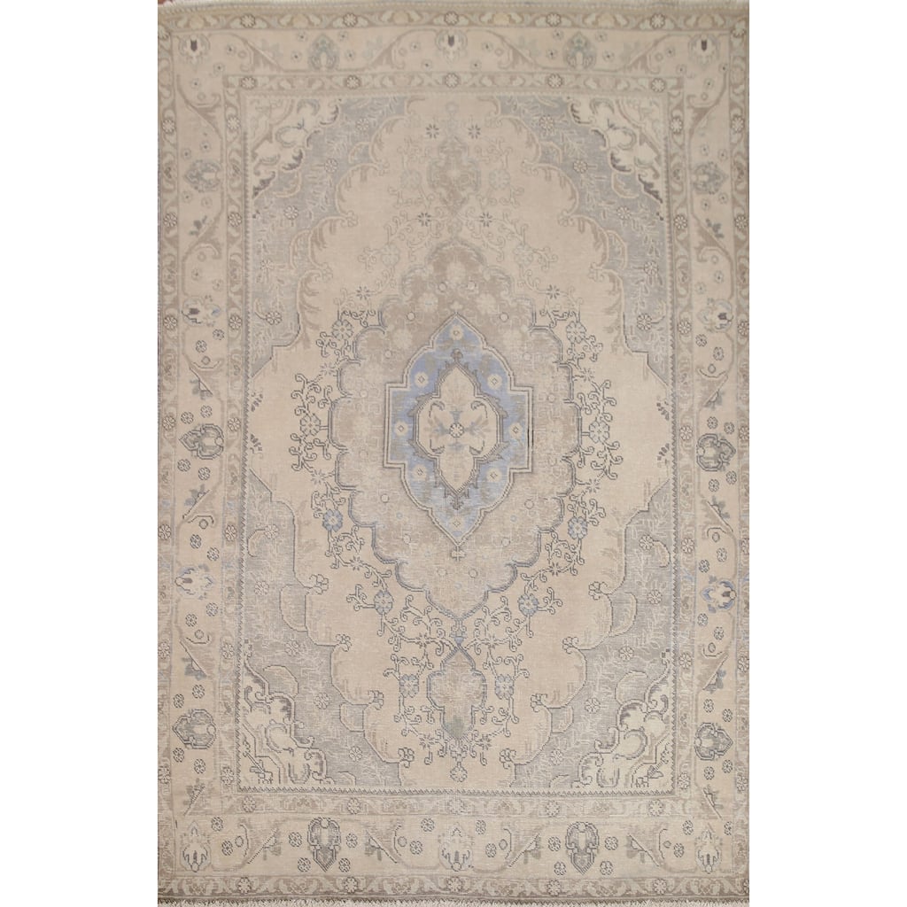 Hand Knotted Oriental 100% Wool Carpet Traditional Medallion Beige & Ivories Tabriz Area Rug - 8' 11'' X 6' 2''