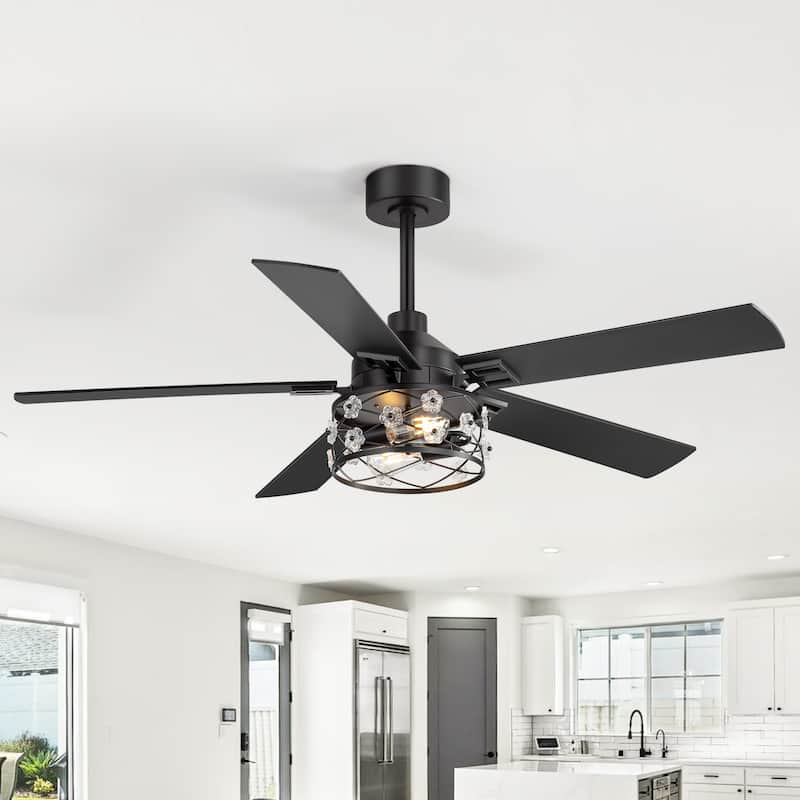 52" Black Wood Modern Floral Indoor Ceiling Fan Chandelier with Remote