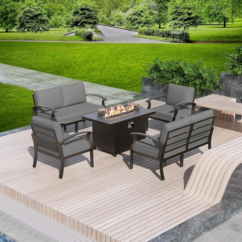 Kullavik Aluminum Outdoor Patio Furniture with Curved Armrests & Firepit Table