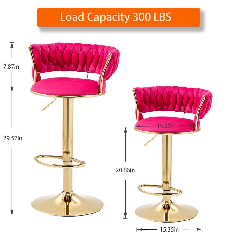 HOMEFUN Velvet Adjustable Height Swivel Armless Bar Stools With Golden Footrest(set of 2)