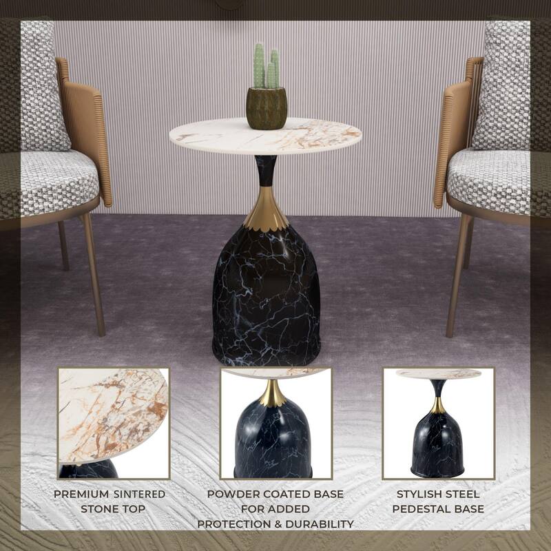 Oslo Round Side Table 18-Inch Sintered Stone Tabletop Side Table with Stainless Steel Pedestal Base