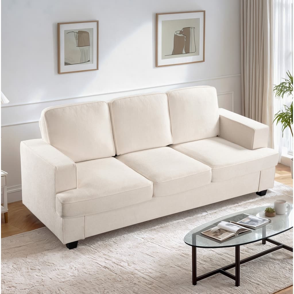 Modern Ivory Velvet 3 Seater Sofa, 84x36x35 inches