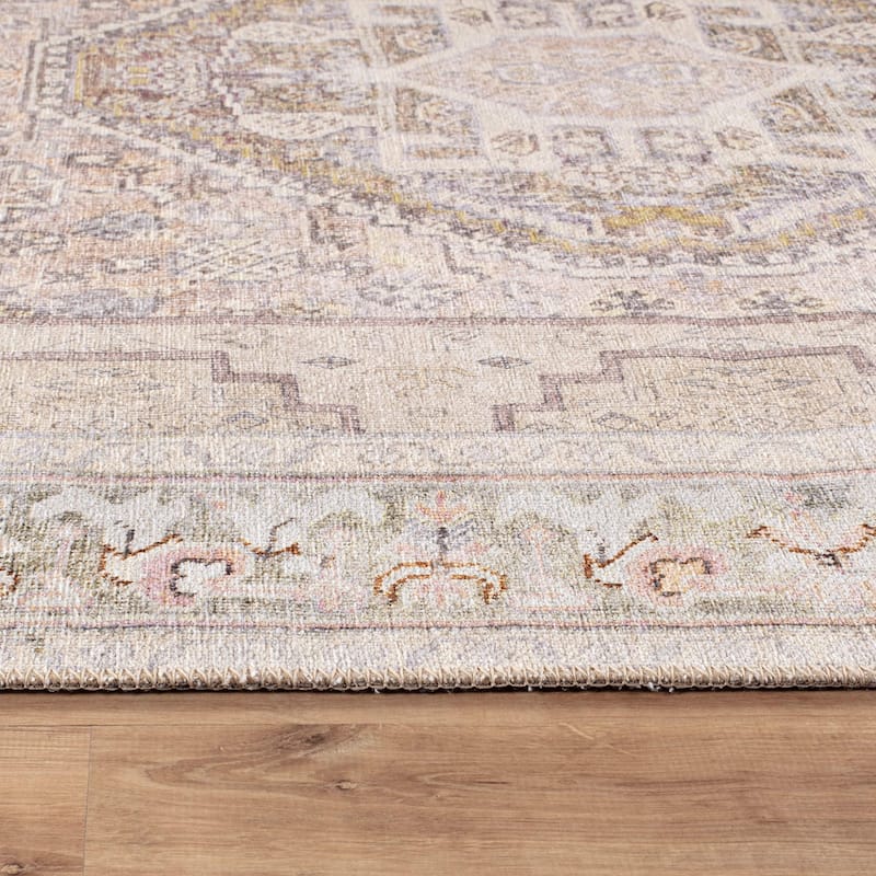 Beige Medallion Flat Pile Washable Rug - Pet Friendly, Non-Slip for Entryway and Bedroom