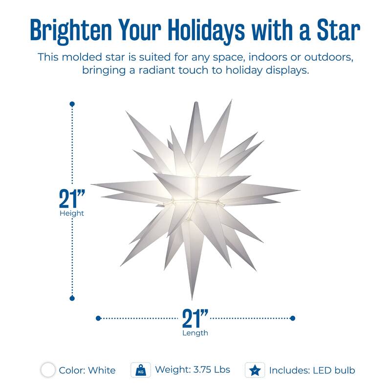 Keystone Holiday Outdoor 21" Prelit Christmas Holiday Star, White - 3.75