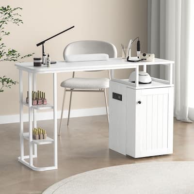 Manicure Table, Nail Tech Desk with Charging Outlet, Nail Station with Shelf & Drawers