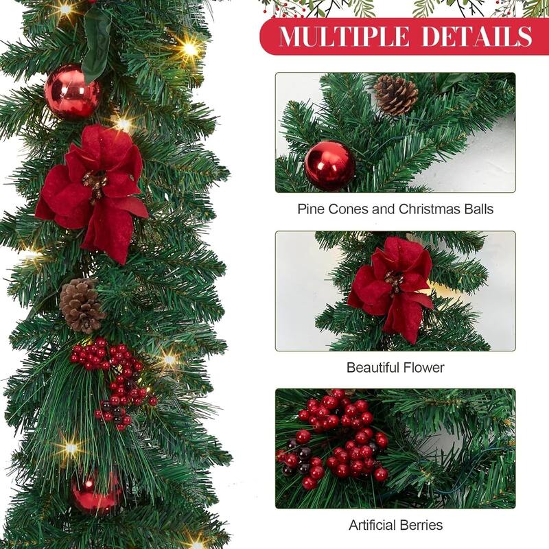 6 FT Artificial Christmas Garland with Red Flowers, Berries - N/A