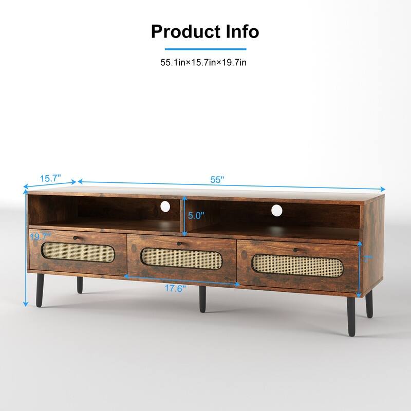Mixoy Boho TV Stand for TV up to 65",Entertainment Center with Drawers and Compartment,55" Media Console with Rattan Decorative