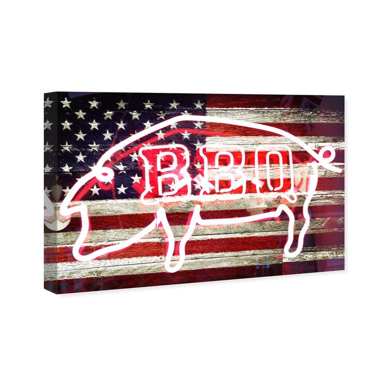 Wynwood Studio 'BBQ Pig' Americana and Patriotic Wall Art Canvas Print US Flags - White, Blue