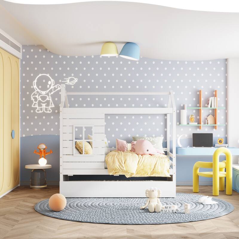 Twin Size Wood Kids Bed with Twin Size Trundle - White