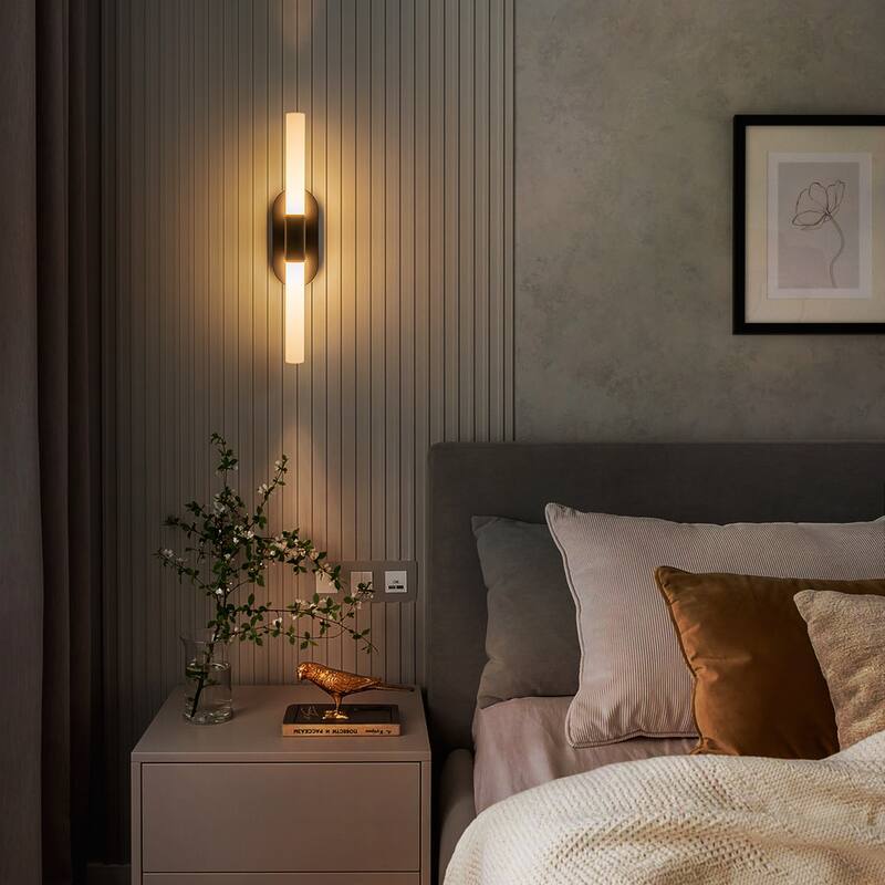 Mid-Century 2-Light Dimmable LED Wall Sconce - Black - H23.4" × W4.5" × D3.9"